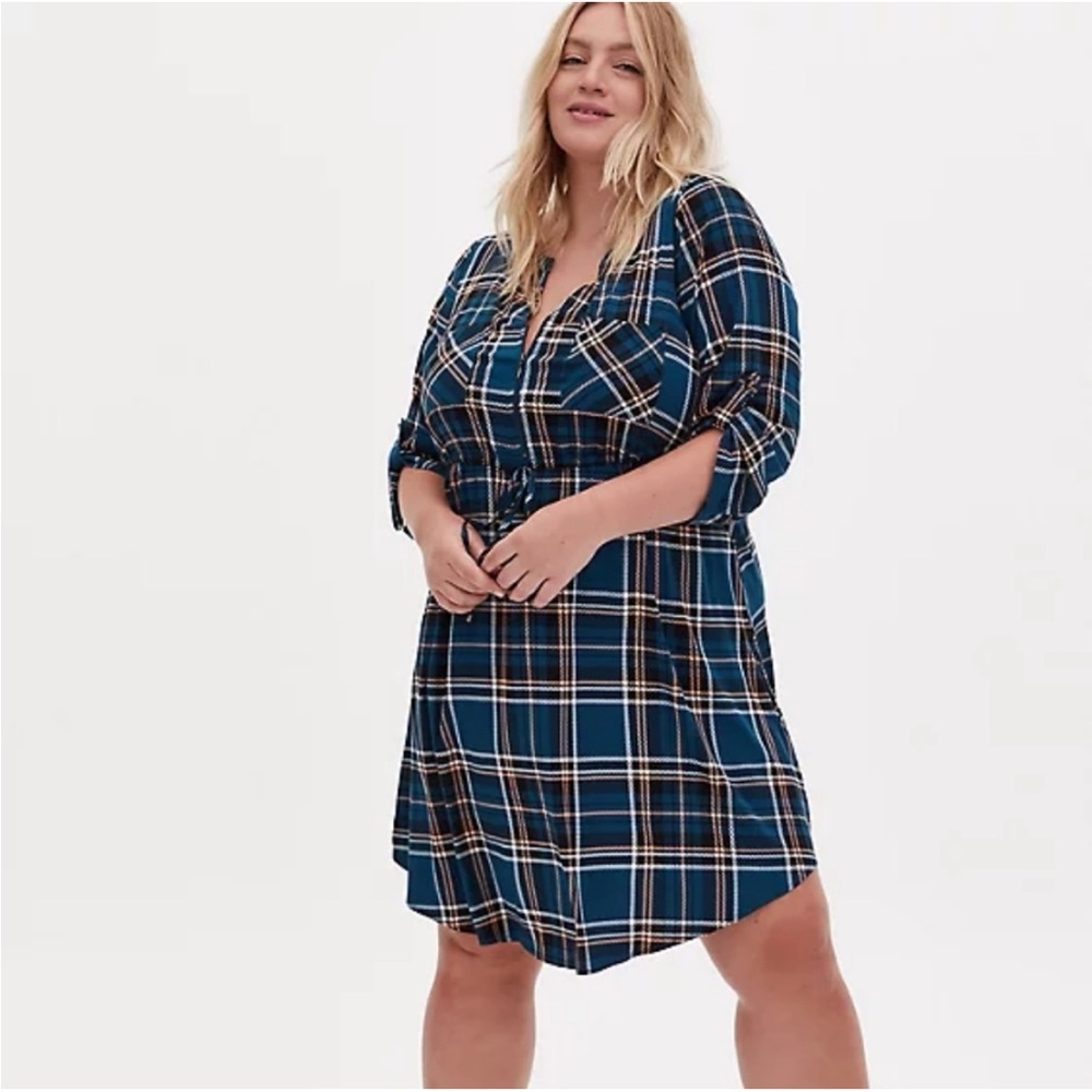 Torrid Size 2 Teal Plaid Challis Zip Front Shirt Dress